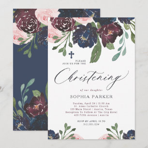 Convite Marinho Elegante Azul e Plum Floral  Natal