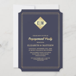 Convite Marinho Elegante Azul | FESTA DE NOIVADO DOURADA