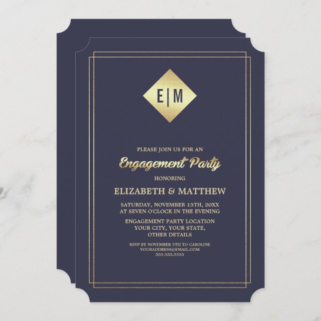 Convite Marinho Elegante Azul | FESTA DE NOIVADO DOURADA (Frente/Verso)