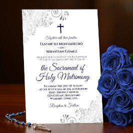 Convite Marinho Elegante Azul no Casamento Católico Modern
