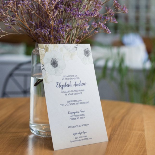 Convite Marinho Elegante Bat Floral Azul Mitzvah (Criador carregado)