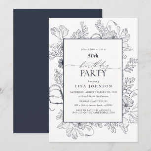 Convite Marinho Elegante Blue 50th Birthday Floral