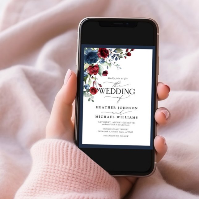 Convite Marinho Elegante Blue Burgundy Floral Watercolor F (Criador carregado)