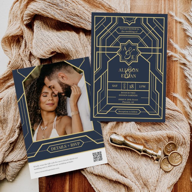 Convite Marinho Elegante Blue Dourado Art Deco QR Code Fot (Criador carregado)