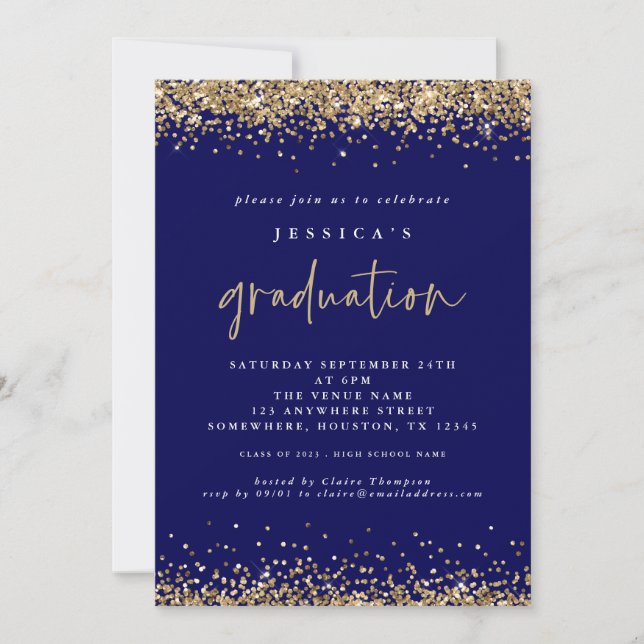 Convite Marinho Elegante Blue Dourado Glitter 2024 Graduaç (Frente)