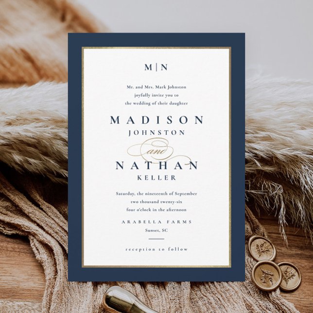 Convite Marinho Elegante Blue e Dourado Casamento (Elegant Typography Navy Blue and Gold Wedding Monogram Invitation.)