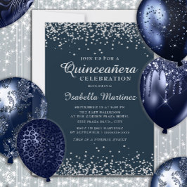 Convite Marinho Elegante Blue Silver Confetti Quinceañera