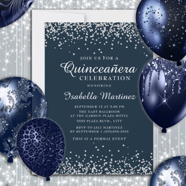 Convite Marinho Elegante Blue Silver Confetti Quinceañera (Navy blue and silver glitter Quinceañera birthday party invitation)