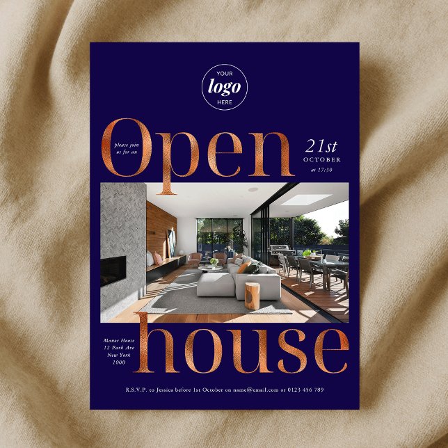 Convite Marinho Elegante Bronze Business Open House Uma Fo (Elegant Navy Bronze Business Open House One Photo Invitation)