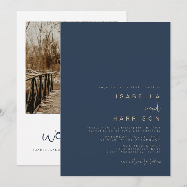 Convite MARINHO Elegante CAITLIN e casamento Dourado (Frente/Verso)