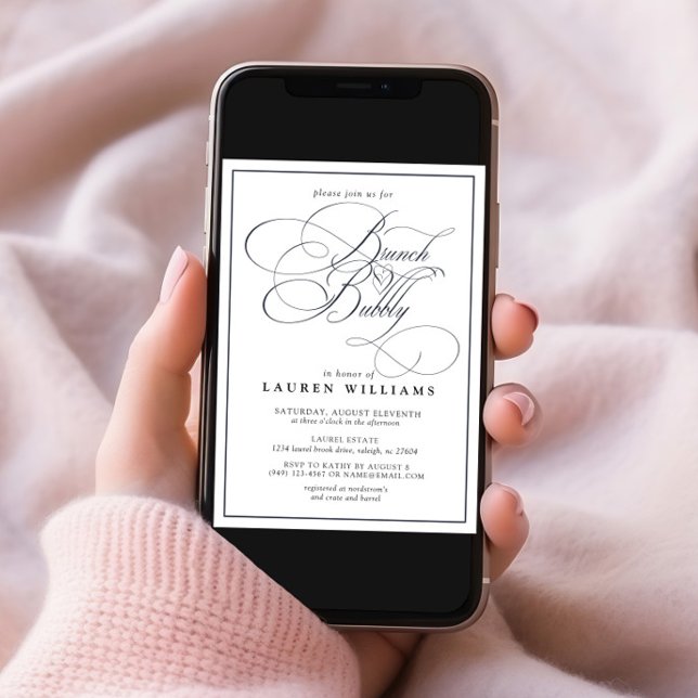 Convite Marinho Elegante - Caligrafia Azul Brunch e Bubble (Criador carregado)