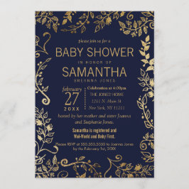 Convite Marinho Elegante Chá de fraldas Azul e Dourado