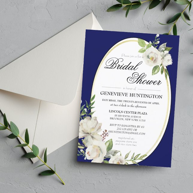 Convite Marinho Elegante Chá de panela Azul Floral Dourado (Elegant Blue White Rose Bridal Shower Invitation
)