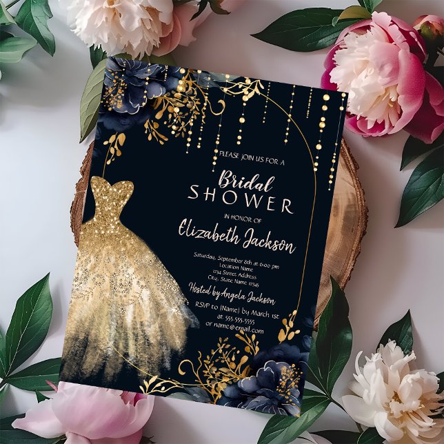 Convite Marinho Elegante Chá de panela Flores Azuis (Criador carregado)