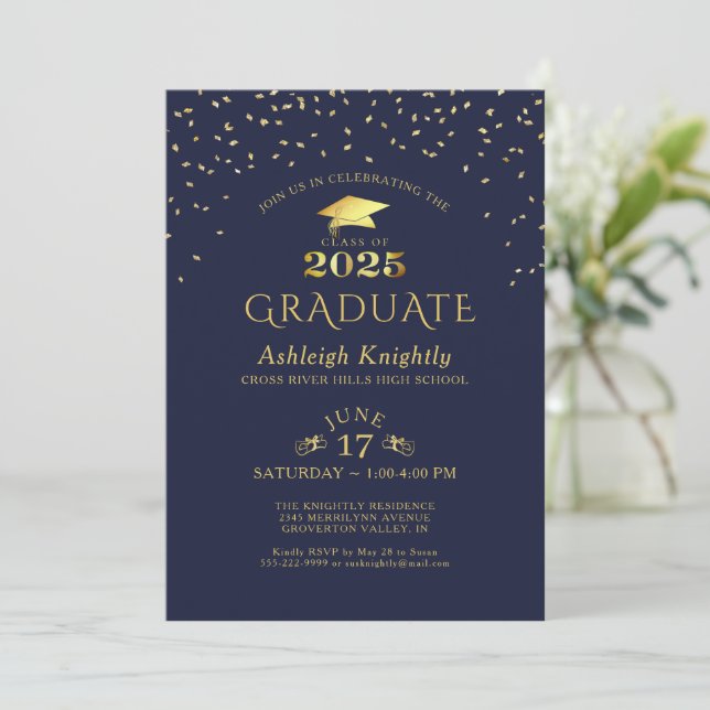 Convite Marinho Elegante Confetti Dourado 2025 (Em pé/Frente)
