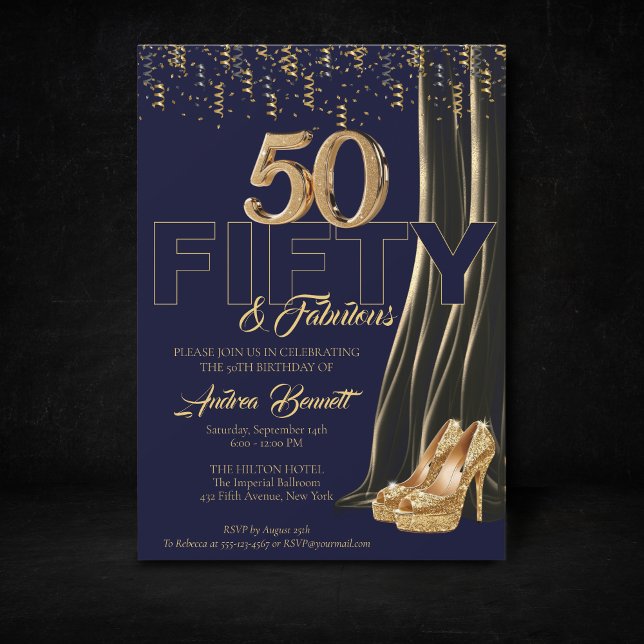 Convite Marinho Elegante de Alto Curso Dourado 50 Fabuloso (Gold Navy 50th birthday invitation high heels)