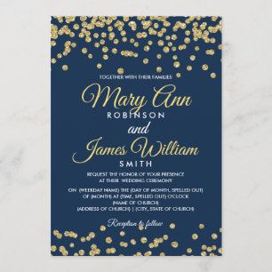 Convite Marinho Elegante de Casamento Dourado Faux Glitter