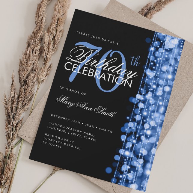 Convite Marinho Elegante de Glam Sparkles de Aniversário d (Elegant 70th Birthday Glam Sparkles Navy Invitation)