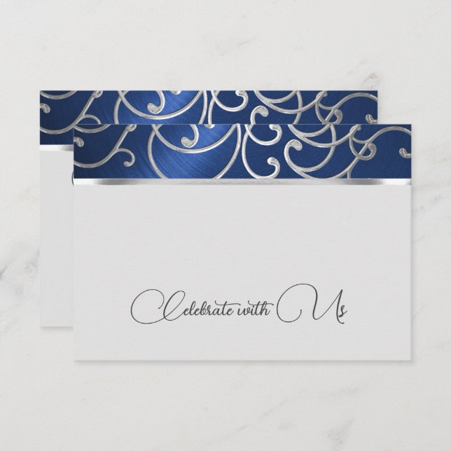 Convite Marinho Elegante de placa RSVP Blue e Silver Filig (Frente/Verso)