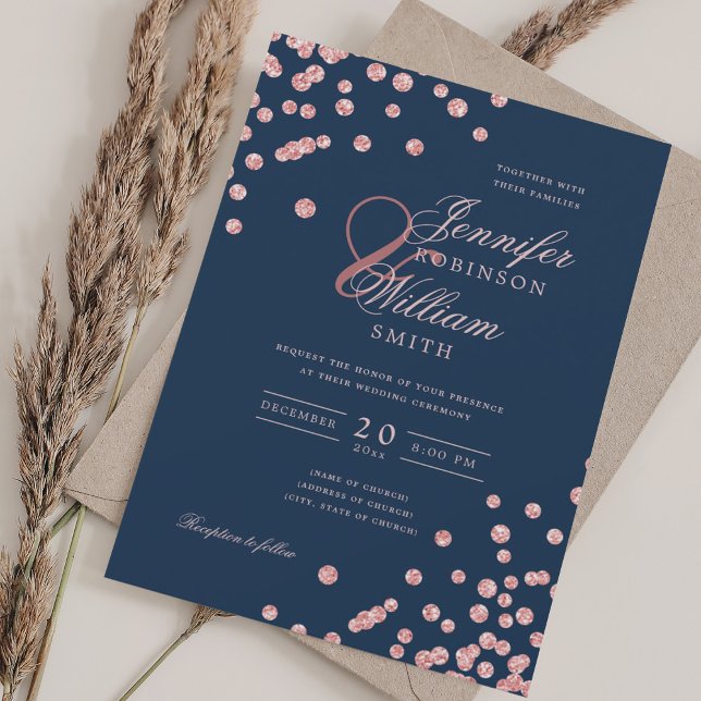 Convite Marinho Elegante Dourado Confetti QR de Casamento  (Elegant Rose Gold Confetti QR Wedding Navy Blue Invitation)