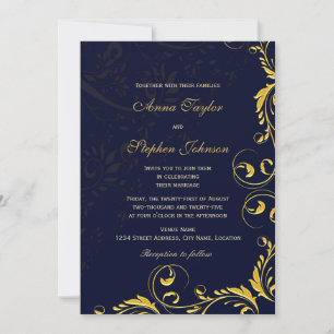 Convite Marinho Elegante Dourado de Suportes Botânicos