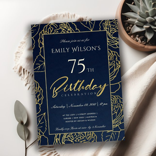 CONVITE MARINHO ELEGANTE DOURADO FLORAL A QUALQUER ANIVERS (Criador carregado)