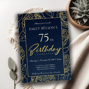 CONVITE MARINHO ELEGANTE DOURADO FLORAL A QUALQUER ANIVERS