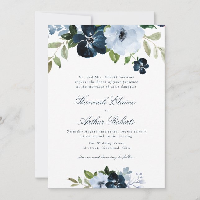 Convite marinho elegante e casamento floral azul claro (Frente)