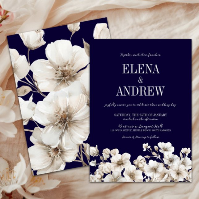 Convite Marinho Elegante e Casamento Floral Branco (Elegant Navy & White Floral Wedding Invitation, Winter Wedding, Fall Autumn Flowers, Love in Bloom)