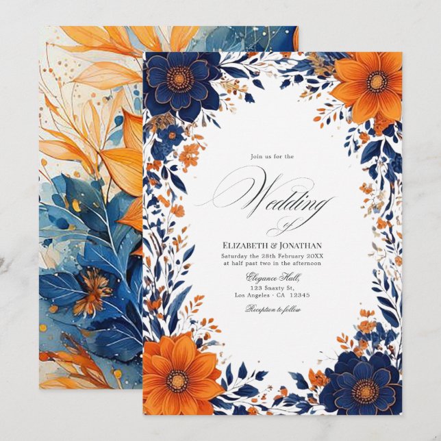 Convite Marinho Elegante e Casamento Laranja Floral (Frente/Verso)
