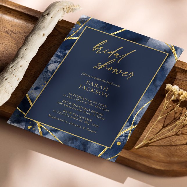 Convite Marinho Elegante e Chá de panela Dourado (Elegant Navy & Gold Bridal Shower Invitation Personalized)