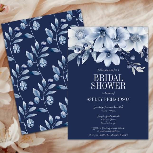 Convite Marinho Elegante e Chá de panela Floral Azul Claro (Azure Blue Navy Floral Bridal Shower Invitation, Winter Wedding Shower, Fall Autumn Flowers, Elegant)