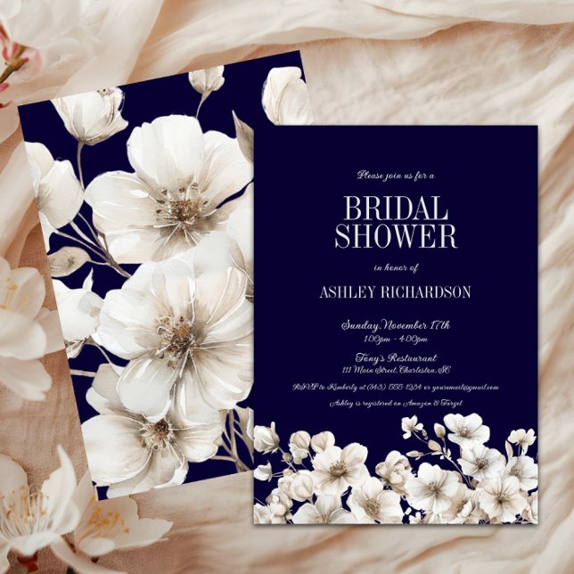 Convite Marinho Elegante e Chá de panela Floral Branco (Navy & White Floral Love in Bloom Bridal Shower Invitation, Winter Flowers, Fall Autumn, Christmas)