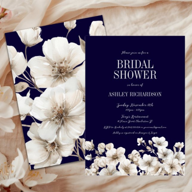 Convite Marinho Elegante e Chá de panela Floral Branco (Navy Floral Bridal Shower Invitation, Love in Bloom Winter Wedding Shower, Fall Autumn, Elegant)