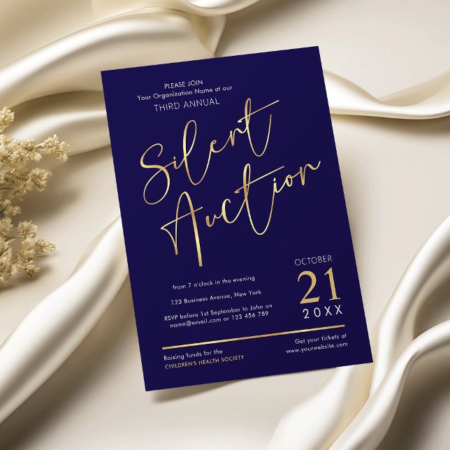 Convite Marinho Elegante e Leilão Silencioso Anual de Negó (Silent auction invitation design in navy and gold with elegant script fonts)