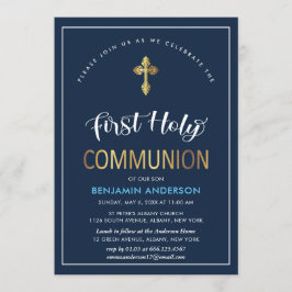 Convite Marinho Elegante E Primeira Comunhão Dourada