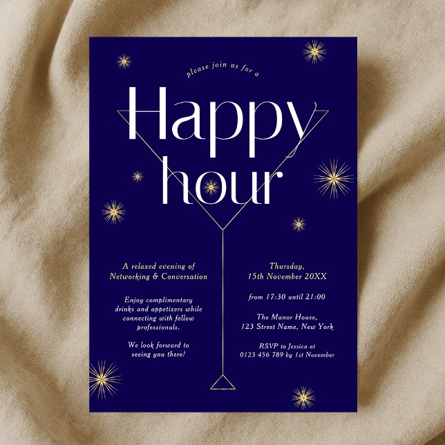 Convite Marinho Elegante e rede de negócios Dourada Feliz  (Modern navy blue and gold company cocktail party happy hour event invitation)