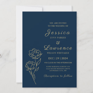 Convite Marinho Elegante moderno, azul e ouro Casamento Fl