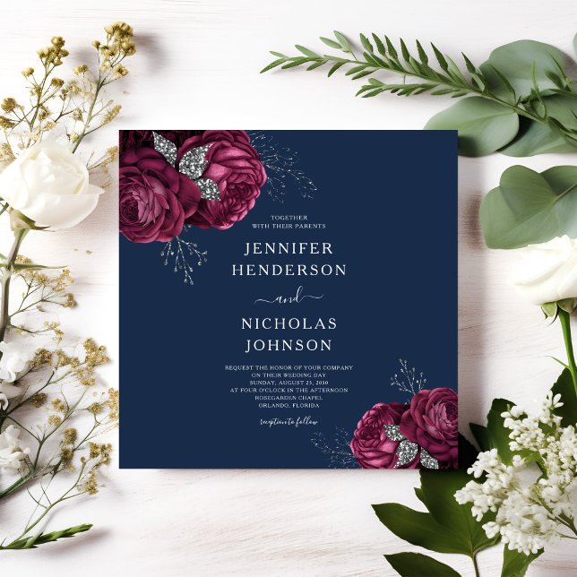 Convite Marinho Elegante, Peões Vermelhos Borgonhetas (Elegant Navy Blue Burgundy Red Floral Peonies Invitation)