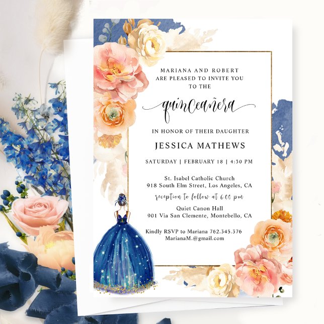 Convite Marinho Elegante Princesa Floral Azul Quinceañera (Criador carregado)