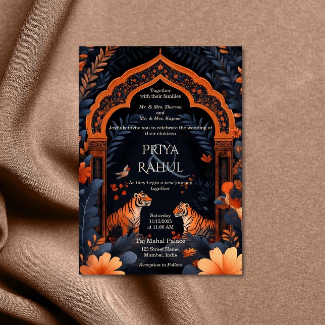 Convite Marinho Elegante Tigres Arch Casamento Indiano (indian wedding invitation with two tigers)