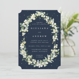Convite Marinho Escuro Elegante Snowberry+Eucalyptus Weddi