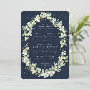 Convite Marinho Escuro Elegante Snowberry+Eucalyptus Weddi