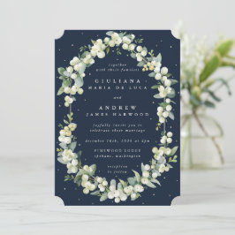 Convite Marinho Escuro Elegante Snowberry+Eucalyptus Weddi
