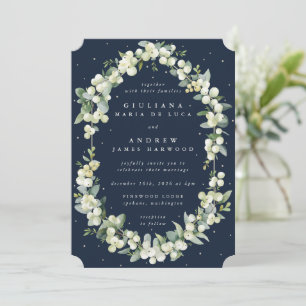 Convite Marinho Escuro Elegante Snowberry+Eucalyptus Weddi