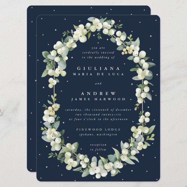 Convite Marinho Escuro Grande Snowberry+Eucalyptus Wedding (Frente/Verso)