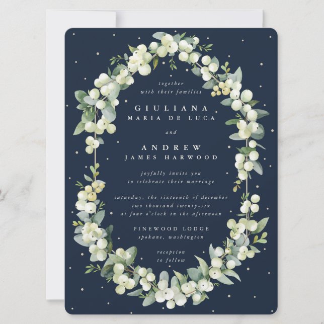 Convite Marinho Escuro Grande Snowberry+Eucalyptus Wedding (Frente)