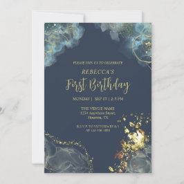 Convite Marinho Escuro Personalizado Monograma Azul Dourad