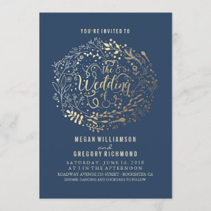 Convite Marinho Faux Gold Foil Buquê Floral Casamento