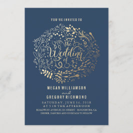Convite Marinho Faux Gold Foil Floral Buquê Casamento